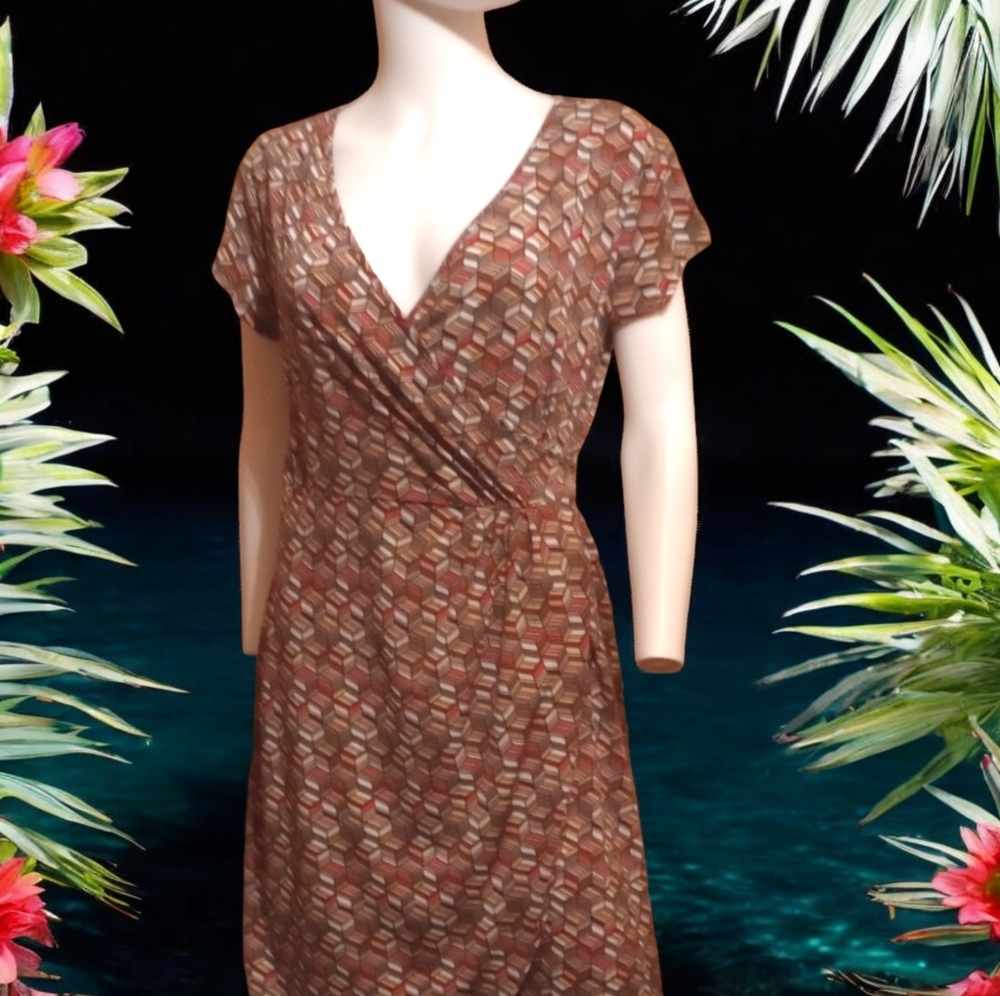 Worthington Fall Colors Short Sleeve Faux Wrap Geometric Above Knee Dress Size M